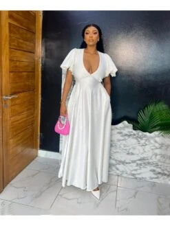 Deep V Neck Backless Frill Sleeve Swing Dress