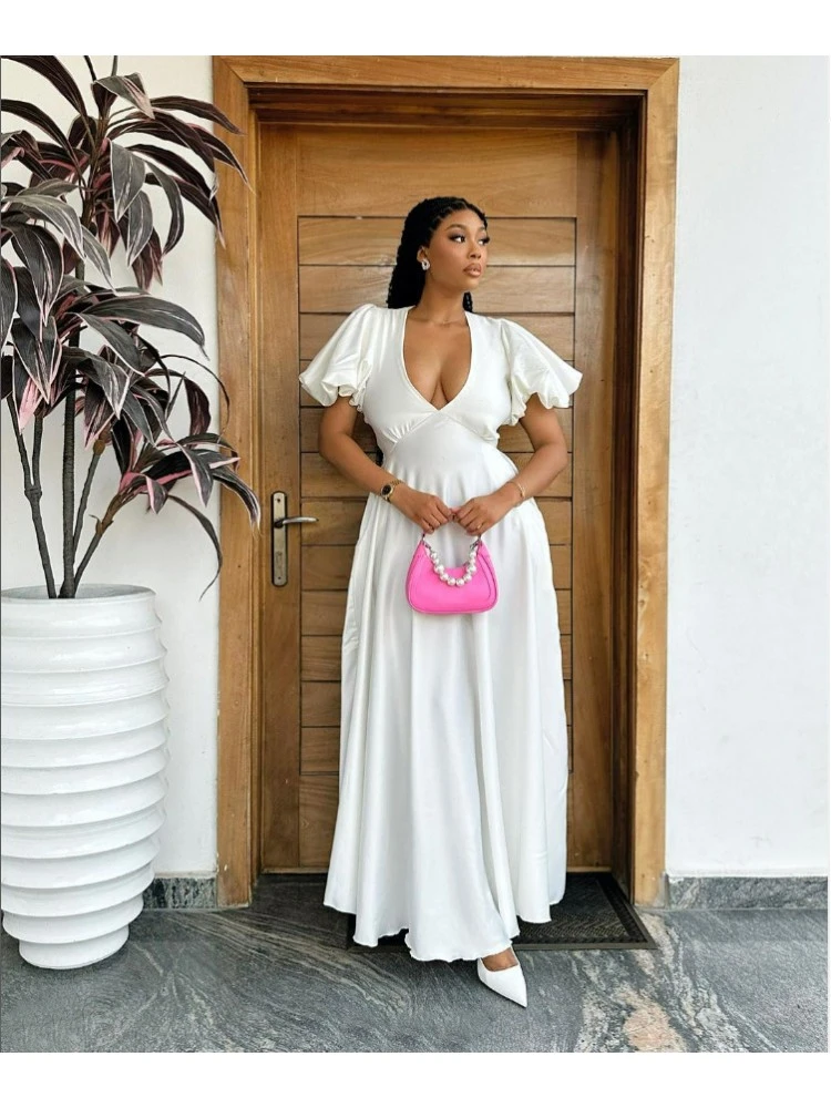 Deep V Neck Backless Frill Sleeve Swing Dress 4 Deep V Neck Backless Frill Sleeve Swing Dress - Image 2