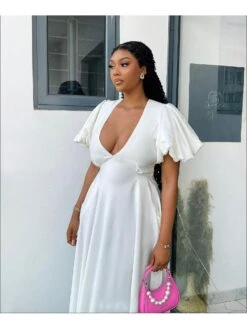 Deep V Neck Backless Frill Sleeve Swing Dress 10 Deep V Neck Backless Frill Sleeve Swing Dress -Define Your Shop P 20240423160525045 748