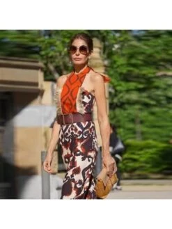 Colorblock Halter Backless Dresses