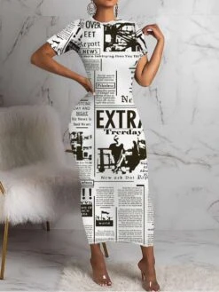 Newspaper Printed Short Sleeve Maxi Dress