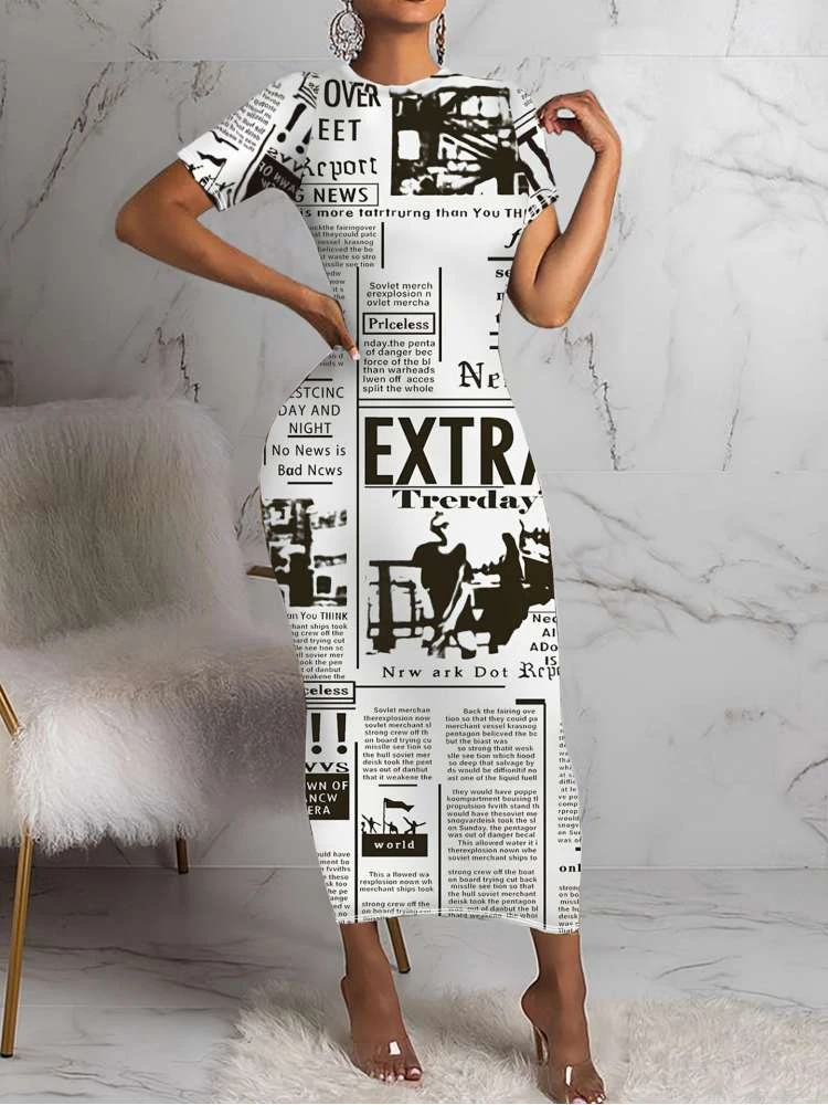 Newspaper Printed Short Sleeve Maxi Dress 3 Newspaper Printed Short Sleeve Maxi Dress
