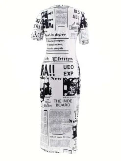 Newspaper Printed Short Sleeve Maxi Dress 9 Newspaper Printed Short Sleeve Maxi Dress -Define Your Shop P 20240426183520584 481