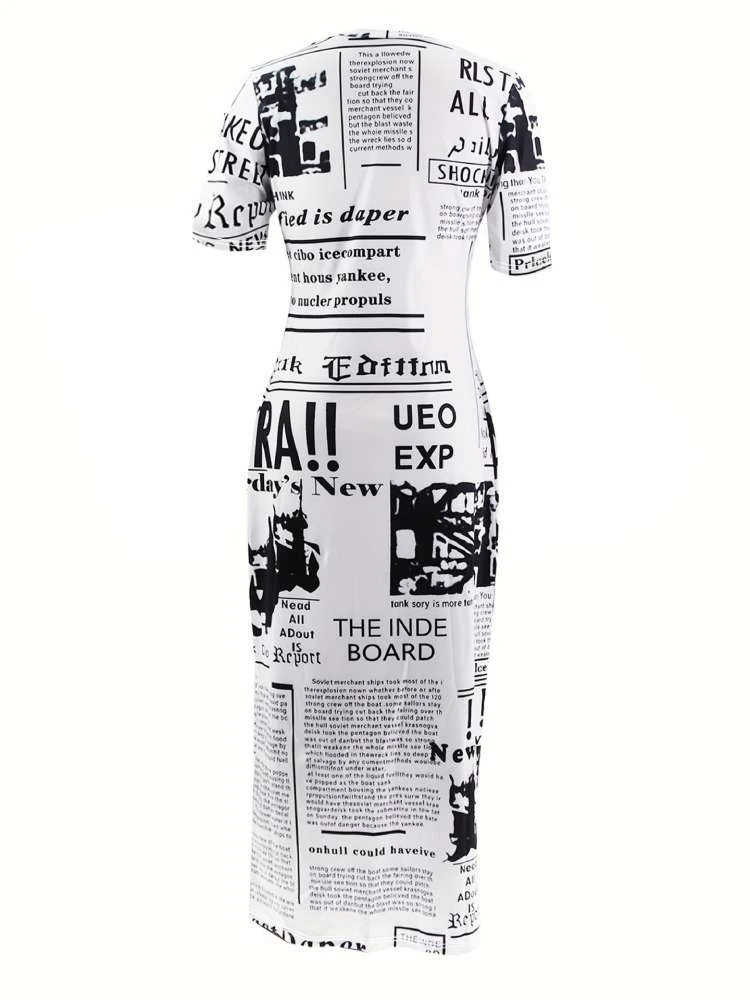 Newspaper Printed Short Sleeve Maxi Dress 5 Newspaper Printed Short Sleeve Maxi Dress - Image 3