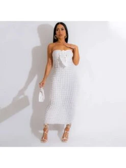 Plain Lace Up Strapless Maxi Dress