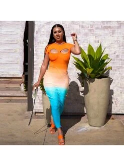 Colorblock Hollow Out Short Sleeve Dress