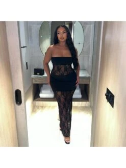 Lace See Through Strapless Maxi Dress