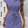 Patchwork Striped Lace-Up V Neck Dress 1 Patchwork Striped Lace-Up V Neck Dress -Define Your Shop P 20240508102005038 511