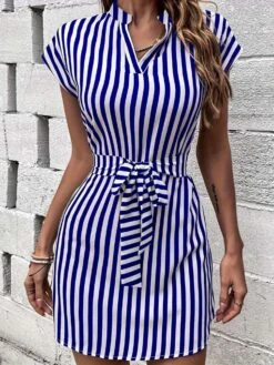 Patchwork Striped Lace-Up V Neck Dress