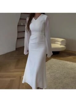 See Through Solid Color V Neck Dress