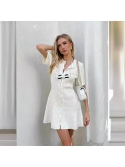 Knitting A-line Single Breasted Short Sleeve Dress