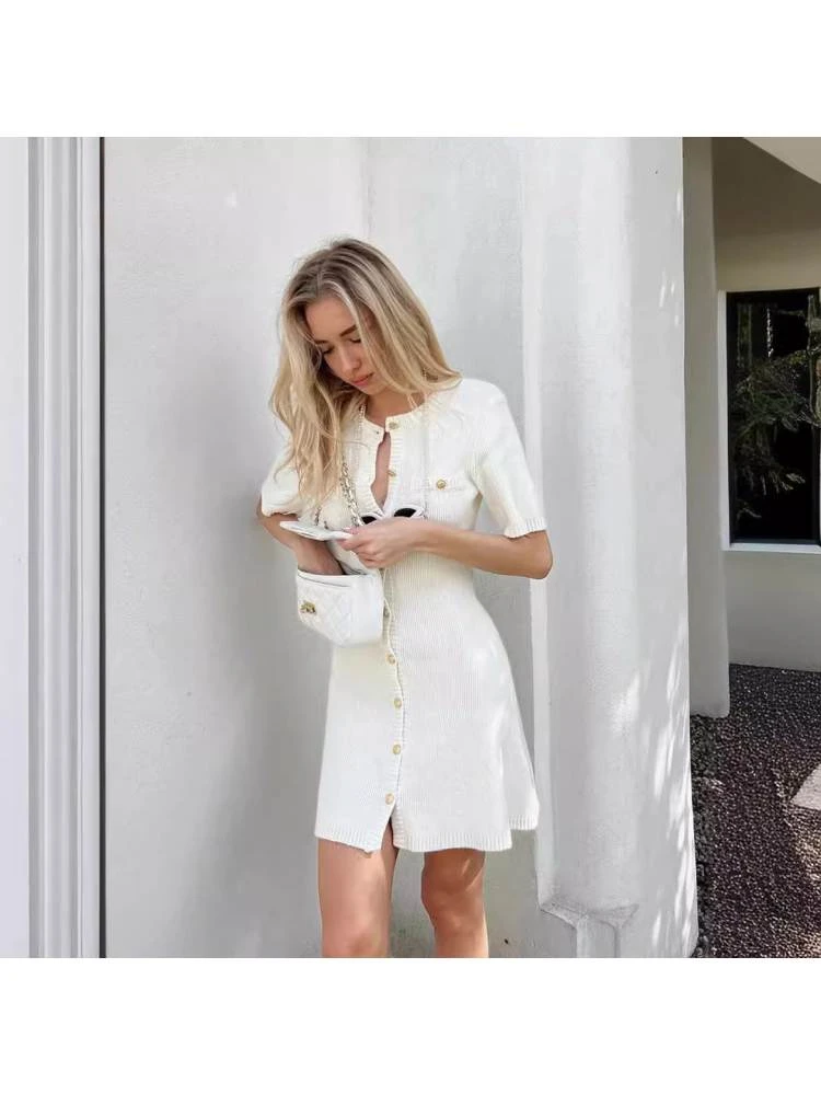 Knitting A-line Single Breasted Short Sleeve Dress 4 Knitting A-line Single Breasted Short Sleeve Dress - Image 2