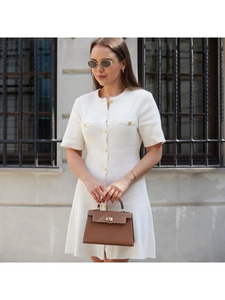 Knitting A-line Single Breasted Short Sleeve Dress 6 Knitting A-line Single Breasted Short Sleeve Dress - Image 4