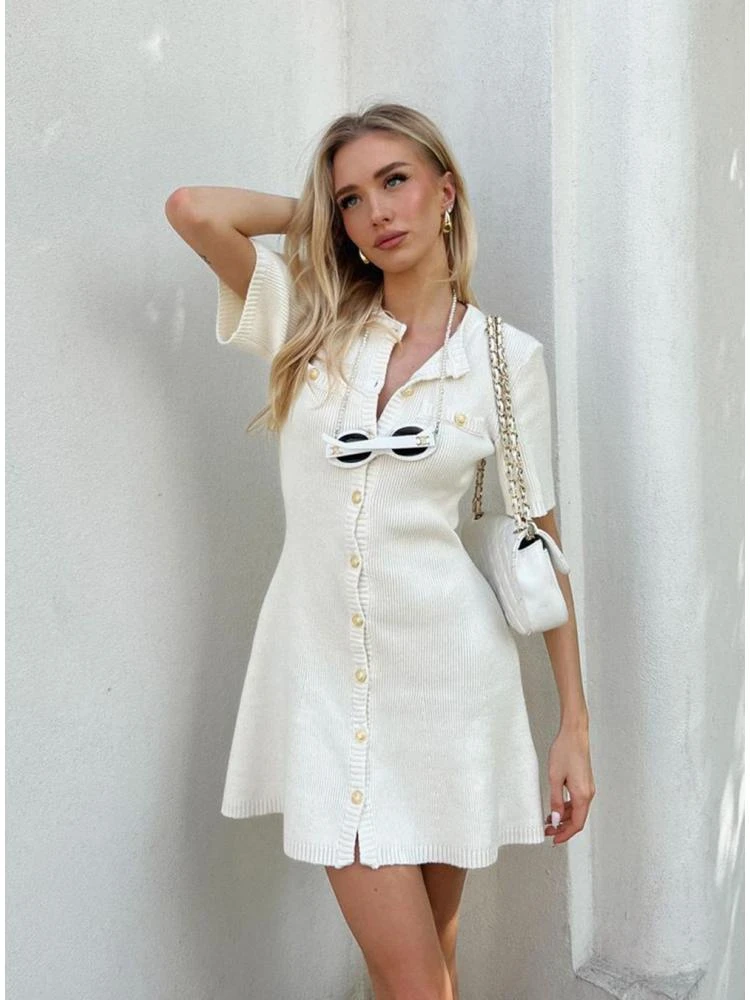 Knitting A-line Single Breasted Short Sleeve Dress 7 Knitting A-line Single Breasted Short Sleeve Dress - Image 5