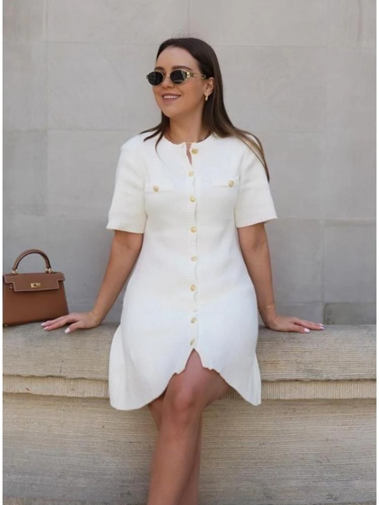 Knitting A-line Single Breasted Short Sleeve Dress 10 Knitting A-line Single Breasted Short Sleeve Dress - Image 8