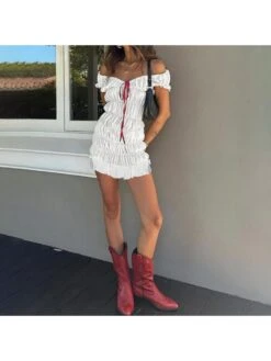 Lace Up Ruched V Neck Mini Dress