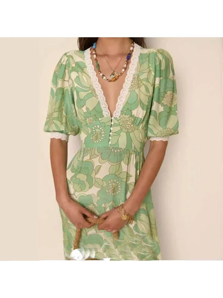 Patchwork V Neck A-line Short Sleeve Dress 7 Patchwork V Neck A-line Short Sleeve Dress - Image 5