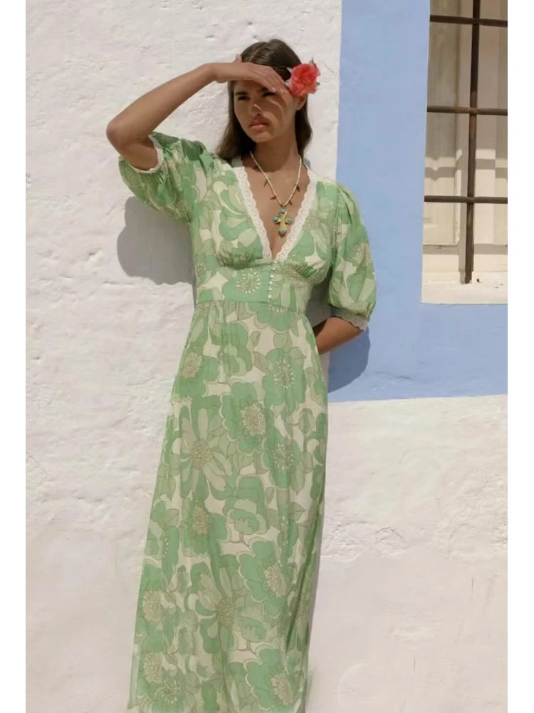 Patchwork V Neck A-line Short Sleeve Dress 8 Patchwork V Neck A-line Short Sleeve Dress - Image 6