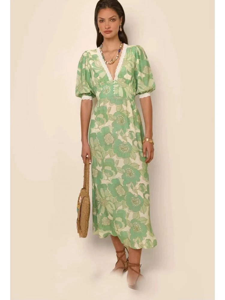 Patchwork V Neck A-line Short Sleeve Dress 9 Patchwork V Neck A-line Short Sleeve Dress - Image 7