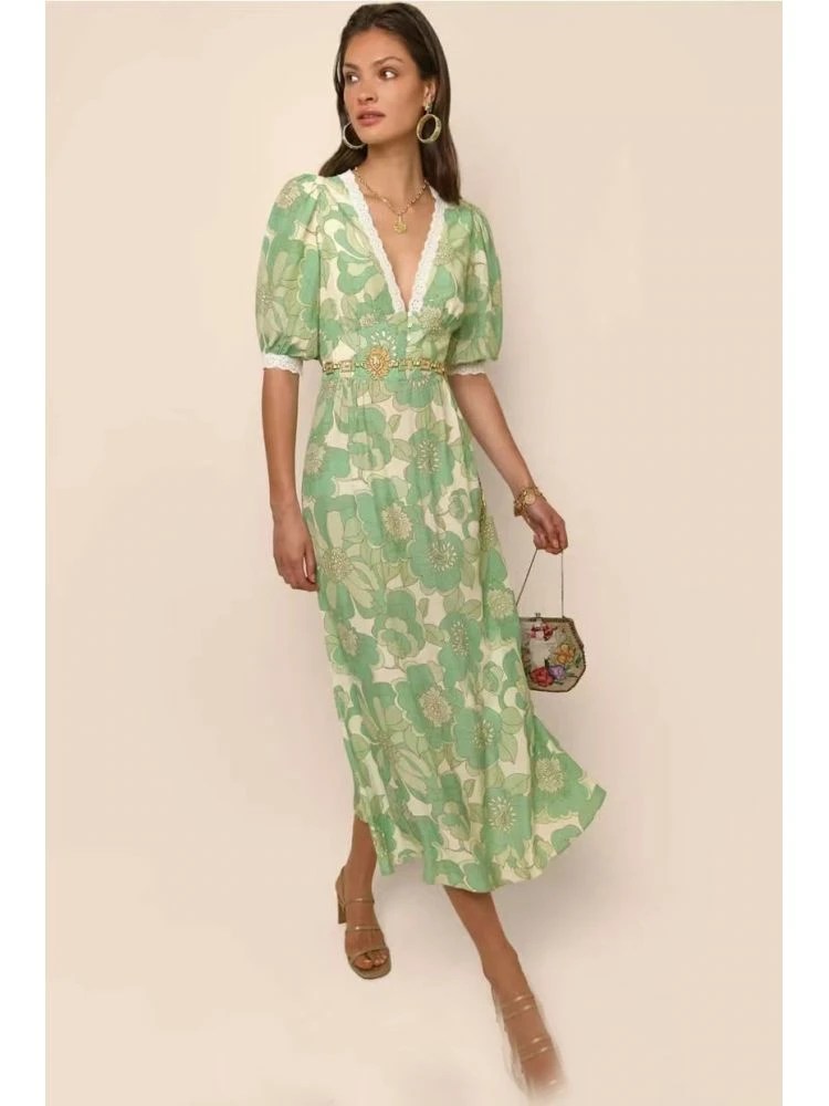 Patchwork V Neck A-line Short Sleeve Dress 11 Patchwork V Neck A-line Short Sleeve Dress - Image 9