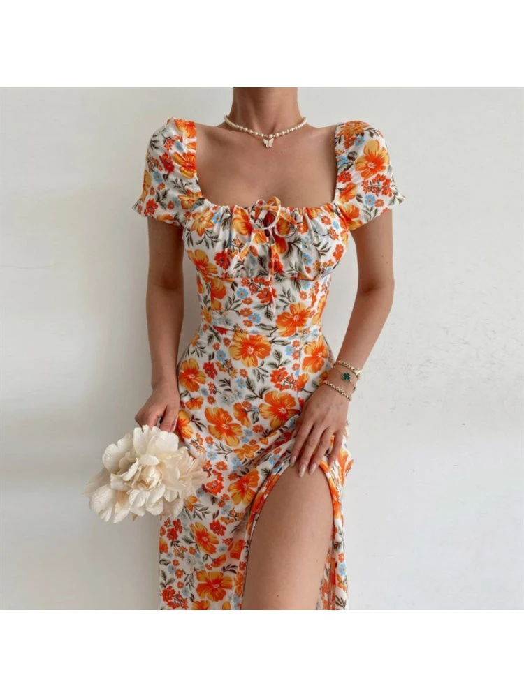 Square Neck Puff Sleeve Fitted Short Sleeve Dress 3 Square Neck Puff Sleeve Fitted Short Sleeve Dress