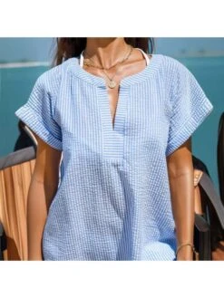 Striped Loose Short Sleeve Blouse Dress -Define Your Shop P 20240524101008406 545