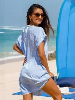 Striped Loose Short Sleeve Blouse Dress -Define Your Shop P 20240524101013102 809