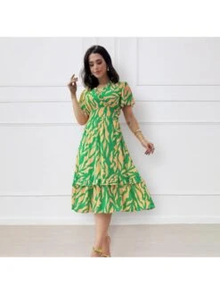 Geometric Pattern Stringy Selvedge A-line Short Sleeve Dress