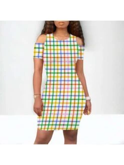 Colorblock Plaid Cutouts Short Sleeve Dress