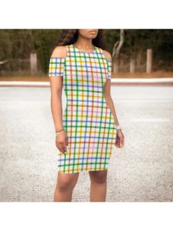 Colorblock Plaid Cutouts Short Sleeve Dress -Define Your Shop P 20240525154024696 147