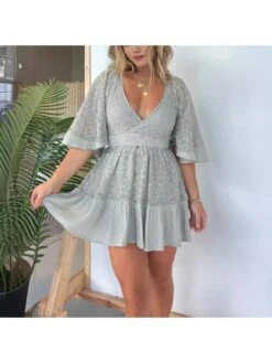 Lace Panel V Neck Trumpet Sleeve Dress 11 Lace Panel V Neck Trumpet Sleeve Dress -Define Your Shop P 20240528094026089 982