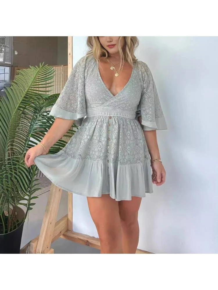 Lace Panel V Neck Trumpet Sleeve Dress 4 Lace Panel V Neck Trumpet Sleeve Dress - Image 2