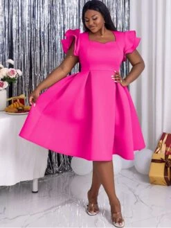 Patchwork Square Neck Petal Sleeve Short Sleeve Dress