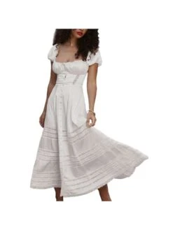 Lacework Ruched Puff Sleeve A-line Dress -Define Your Shop P 20240530142543082 545