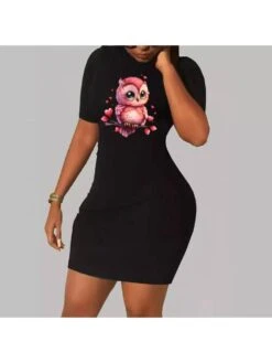Cartoon Owl Pattern Short Sleeve Dress