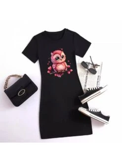 Cartoon Owl Pattern Short Sleeve Dress -Define Your Shop P 20240530185002593 787