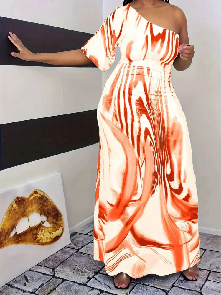 Patchwork Print One-shoulder Maxi Dresses 4 Patchwork Print One-shoulder Maxi Dresses - Image 2
