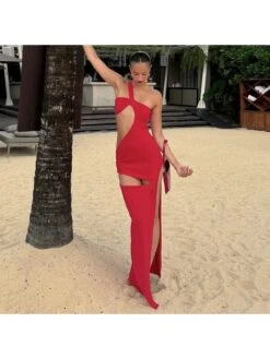 Knot Hollow Out One Shoulder Maxi Dress