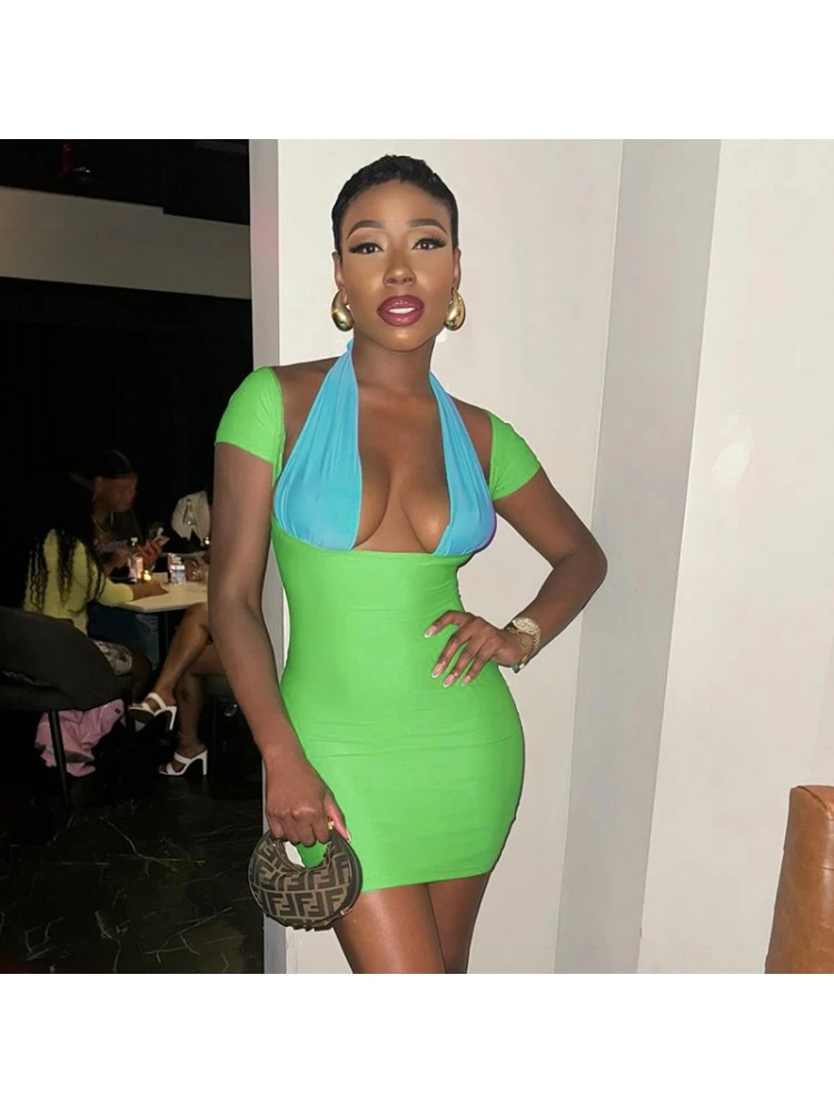 Colorblock Halter Short Sleeve Mini Dress 6 Colorblock Halter Short Sleeve Mini Dress - Image 4