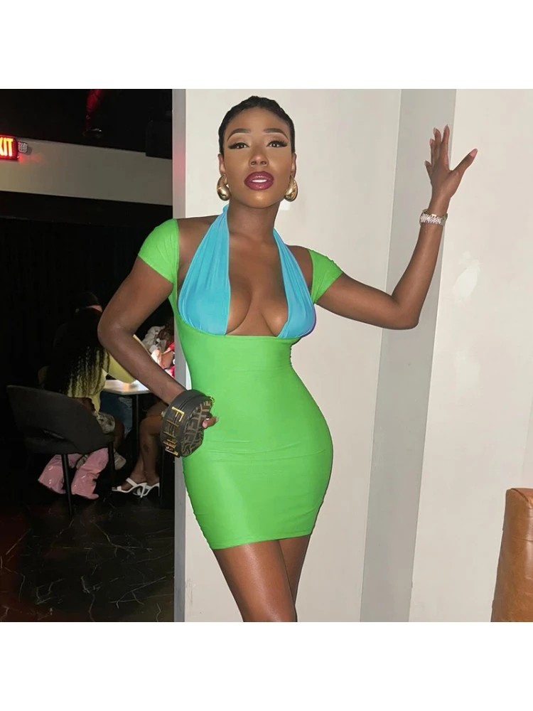 Colorblock Halter Short Sleeve Mini Dress 7 Colorblock Halter Short Sleeve Mini Dress - Image 5