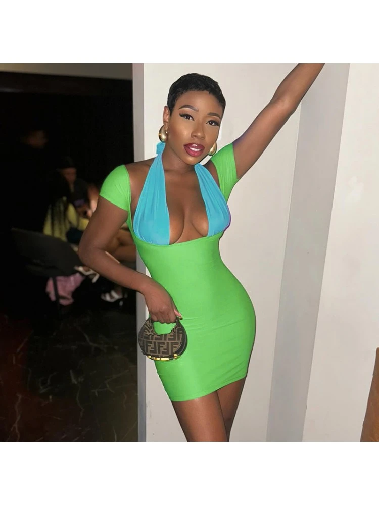 Colorblock Halter Short Sleeve Mini Dress 8 Colorblock Halter Short Sleeve Mini Dress - Image 6