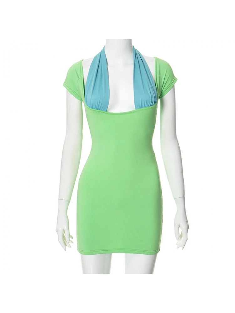 Colorblock Halter Short Sleeve Mini Dress 9 Colorblock Halter Short Sleeve Mini Dress - Image 7