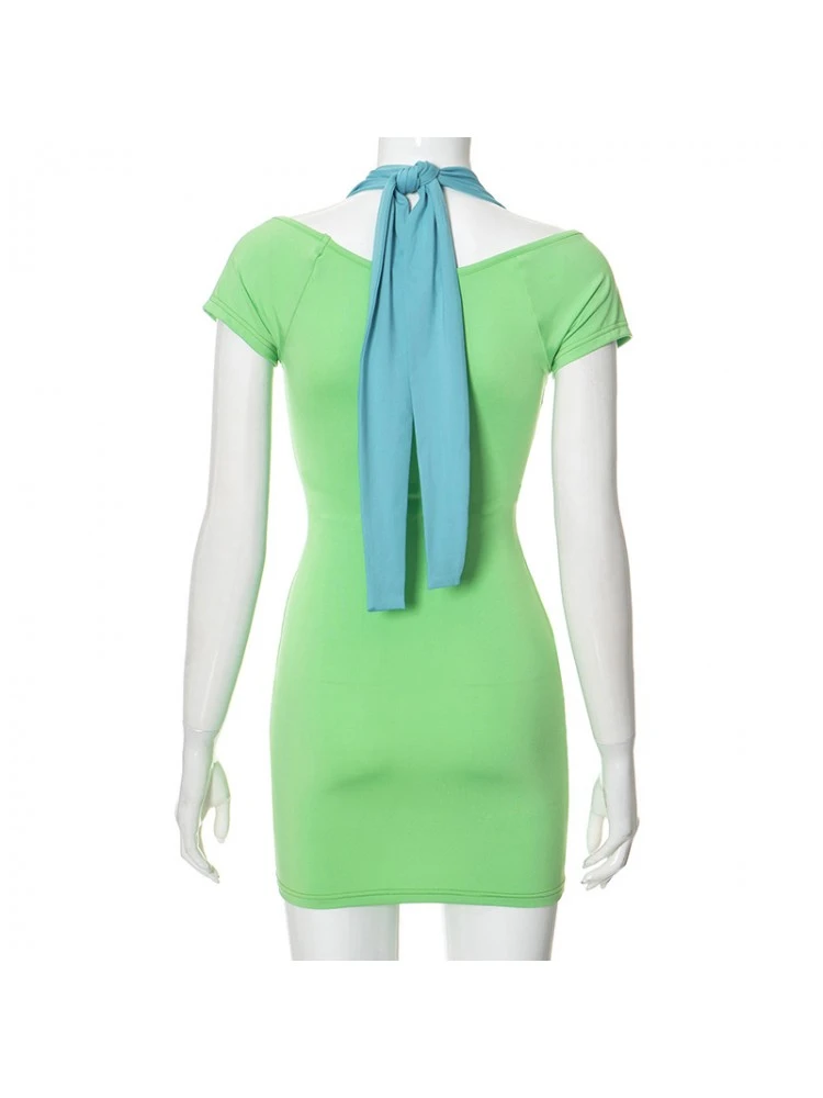 Colorblock Halter Short Sleeve Mini Dress 11 Colorblock Halter Short Sleeve Mini Dress - Image 9