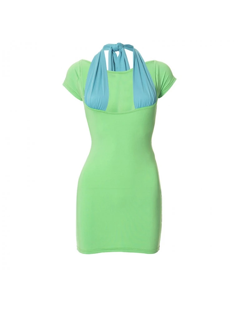 Colorblock Halter Short Sleeve Mini Dress 12 Colorblock Halter Short Sleeve Mini Dress - Image 10