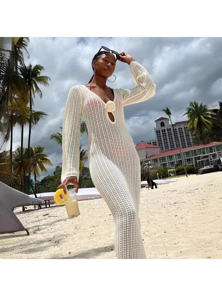 Flower Hollow-out Knitting Long Sleeves Dress 3 Flower Hollow-out Knitting Long Sleeves Dress