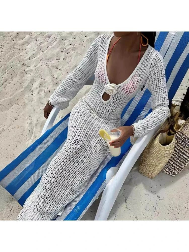 Flower Hollow-out Knitting Long Sleeves Dress 5 Flower Hollow-out Knitting Long Sleeves Dress - Image 3