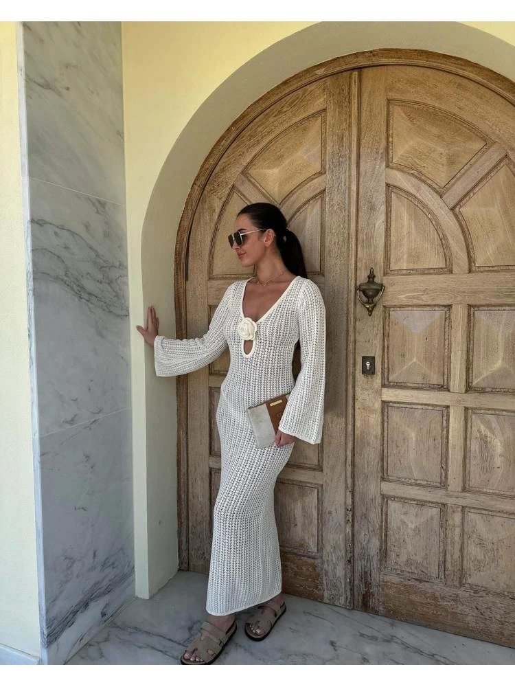 Flower Hollow-out Knitting Long Sleeves Dress 6 Flower Hollow-out Knitting Long Sleeves Dress - Image 4