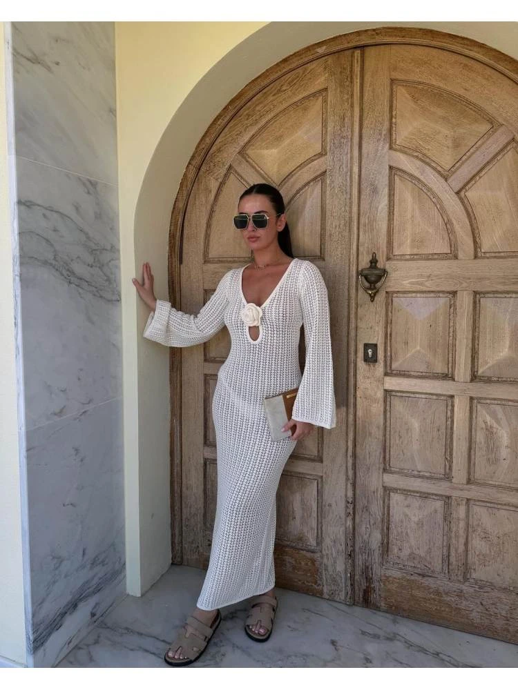 Flower Hollow-out Knitting Long Sleeves Dress 7 Flower Hollow-out Knitting Long Sleeves Dress - Image 5