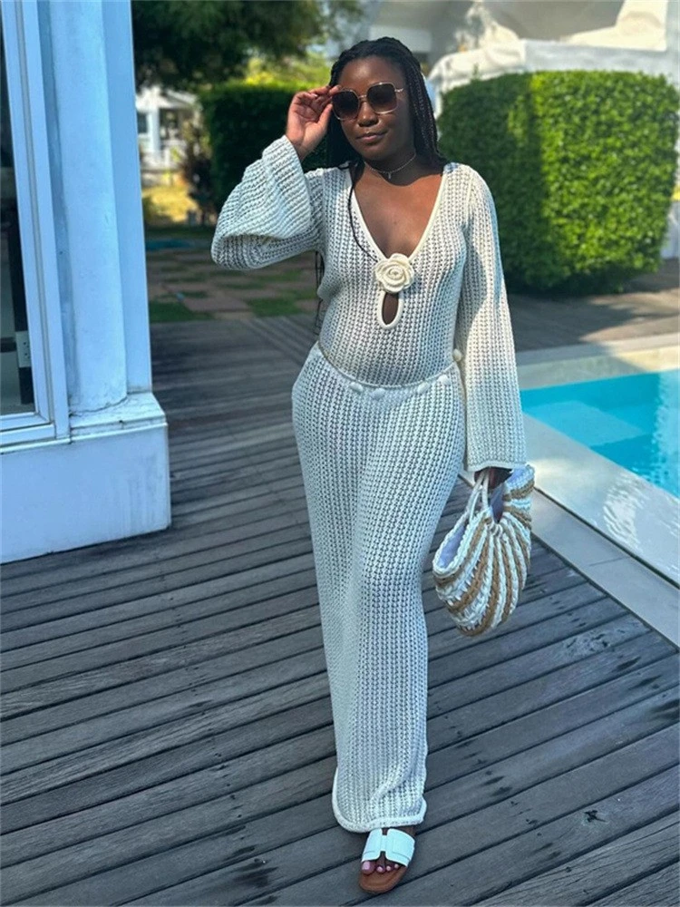 Flower Hollow-out Knitting Long Sleeves Dress 10 Flower Hollow-out Knitting Long Sleeves Dress - Image 8