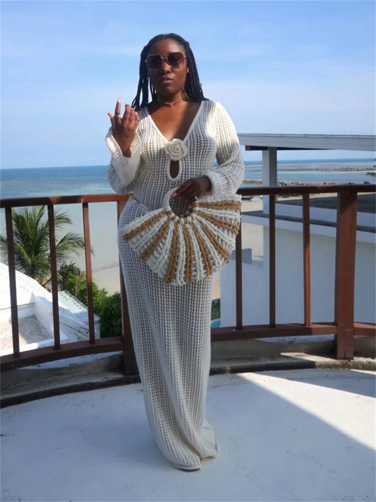 Flower Hollow-out Knitting Long Sleeves Dress 11 Flower Hollow-out Knitting Long Sleeves Dress - Image 9